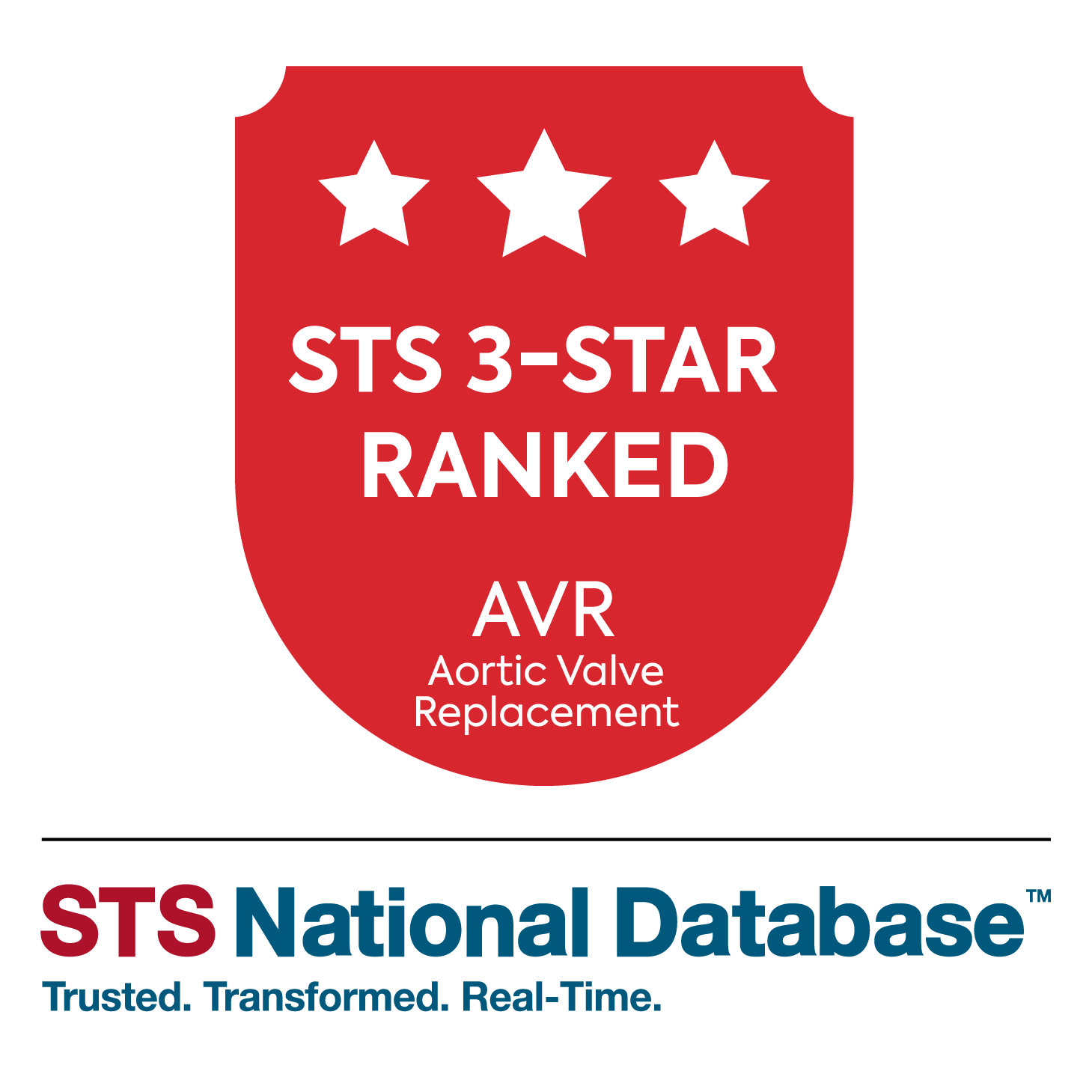 Text reads "STS National Database. Trusted. Transformed. Real-Time." and "STS 3-star ranked AVR Aortic Valve Replacement"
