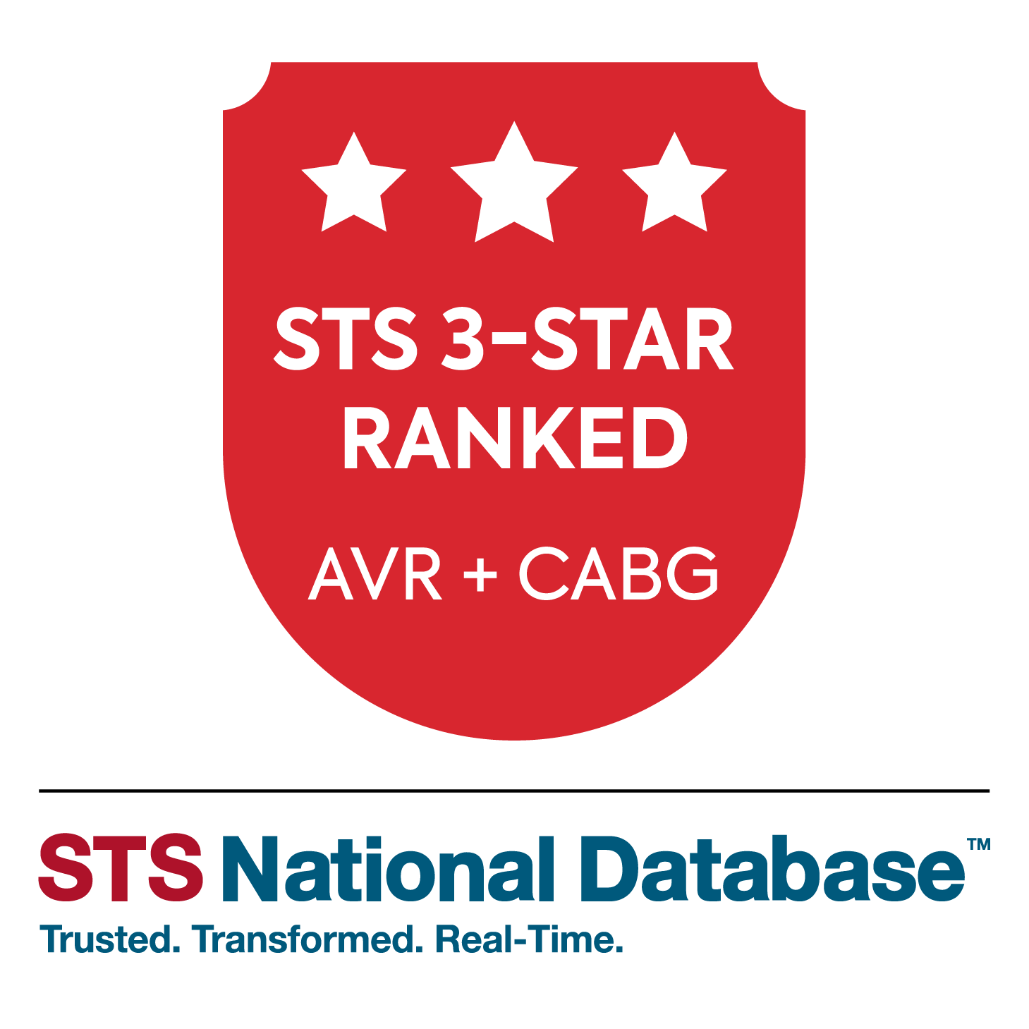 Text reads "STS National Database. Trusted. Transformed. Real-Time." and "STS 3-star ranked AVR + CABG"