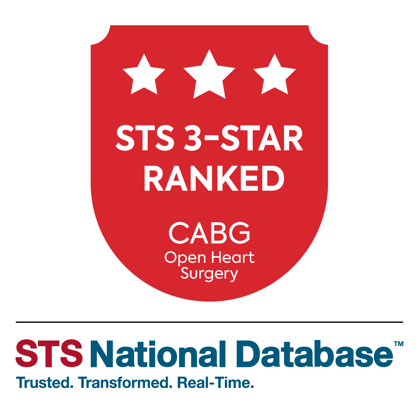 Text reads "STS National Database. Trusted. Transformed. Real-Time." and "STS 3-star ranked CABG Open Heart Surgery"