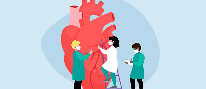 Illustration of doctors examining an human heart.