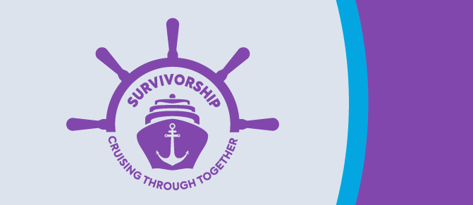 Illustration of boat and ship wheel. Text reads "Survivorship, cruising through together"