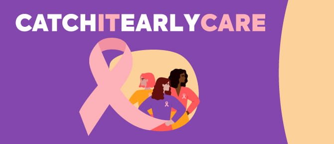 Illustration of group of women and pink ribbon. Text reads "CatchItEarlyCare"