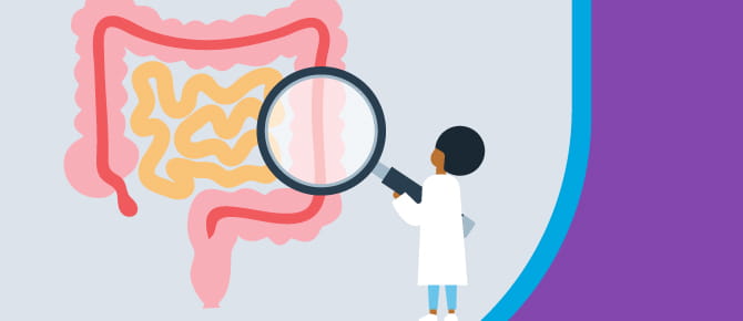 Illustration of provider looking at colon with magnifying glass