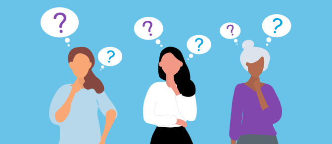 Illustration of group of women, thought bubbles with question marks