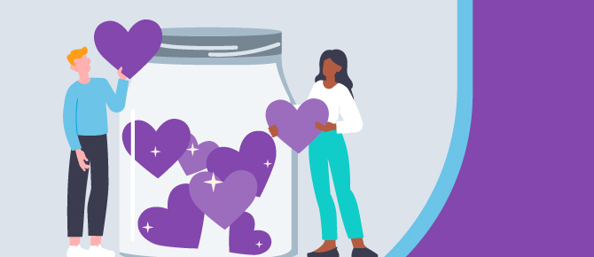 Illustration of people putting hearts in a jar