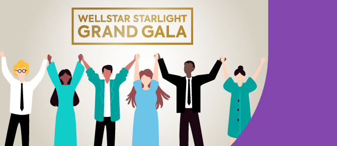 Illustration of group of people holding hands with hands raised. Text reads "Wellstar Starlight Grand Gala"