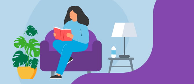 Illustration of person sitting on couch and reading, plant in corner