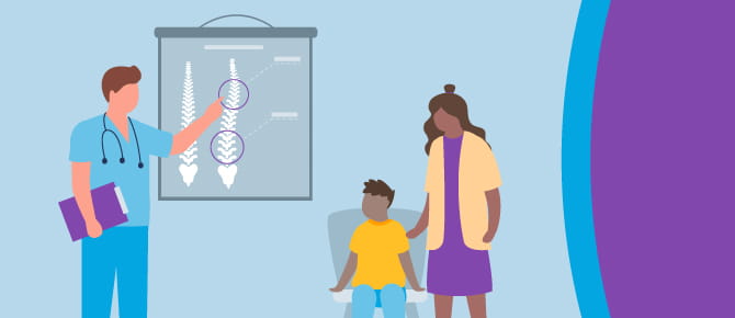 Illustration of doctor showing imaging of spine to parent and child