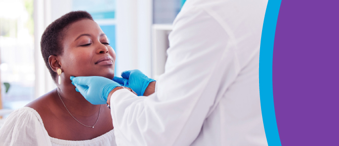 Gloved physician checks a patient's head, neck and jaw