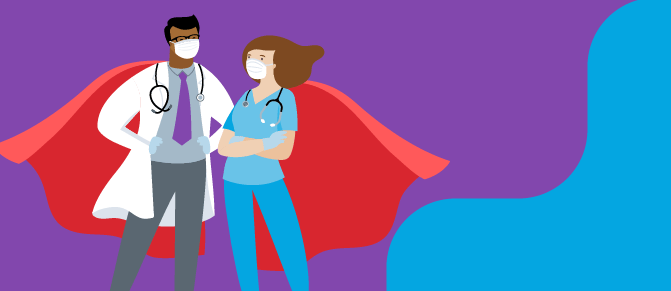 Two healthcare workers in superhero capes.