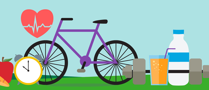 A bicycle, water bottle, and healthy food items.