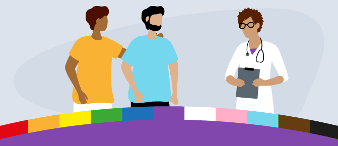 LGBTQ couple talking with doctor.