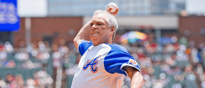 Martin Hornberger throwing the opening pitch at an Atlanta Braves baseball game