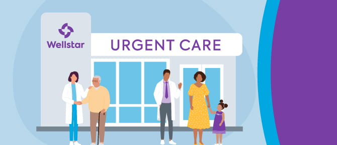 Depicts healthcare providers interacting with patients. Reads Wellstar Urgent Care.
