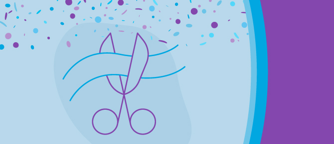 Illustration of scissors cutting ribbon, confetti