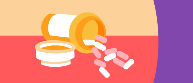 Illustration of pills and medication bottle