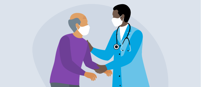 Patient discusses prostate cancer screening, or PSA, with doctor.