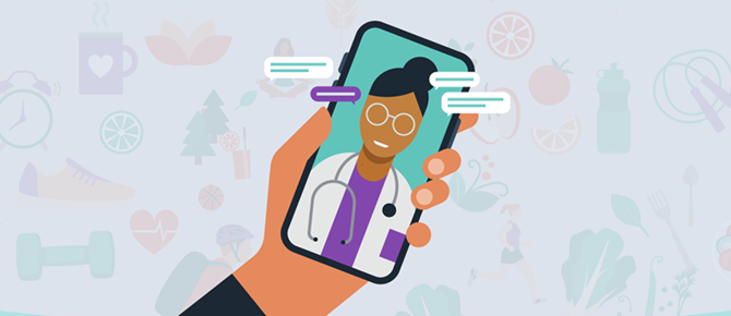 Illustration of someone holding a phone with a doctor on it.