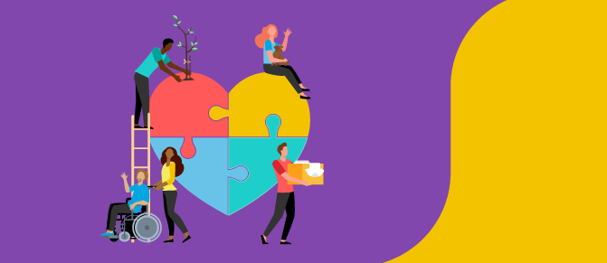 People with puzzle pieces forming heart