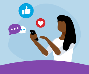Illustration of a woman using her phone with social icons floating around her.