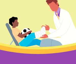 Illustration of teddy bear with a cast and crutches