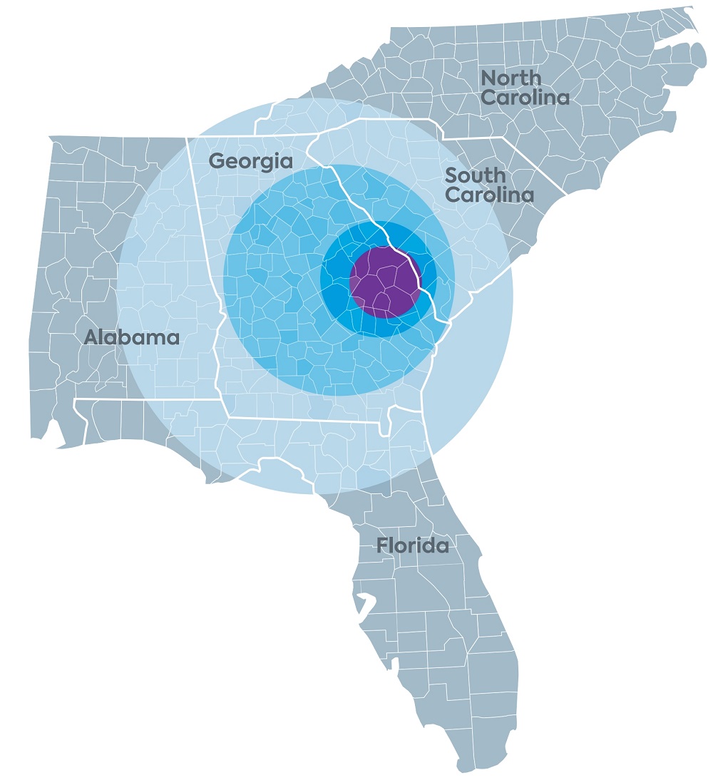Map indicating flight service range area