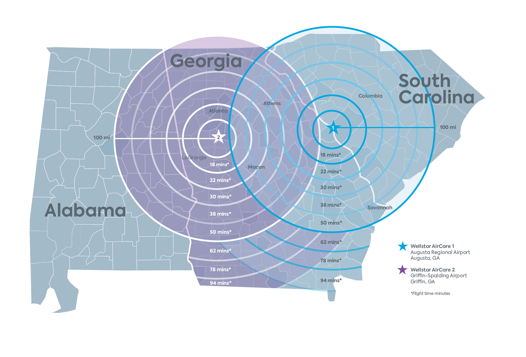 Wellstar AirCare map indicating flight service range area