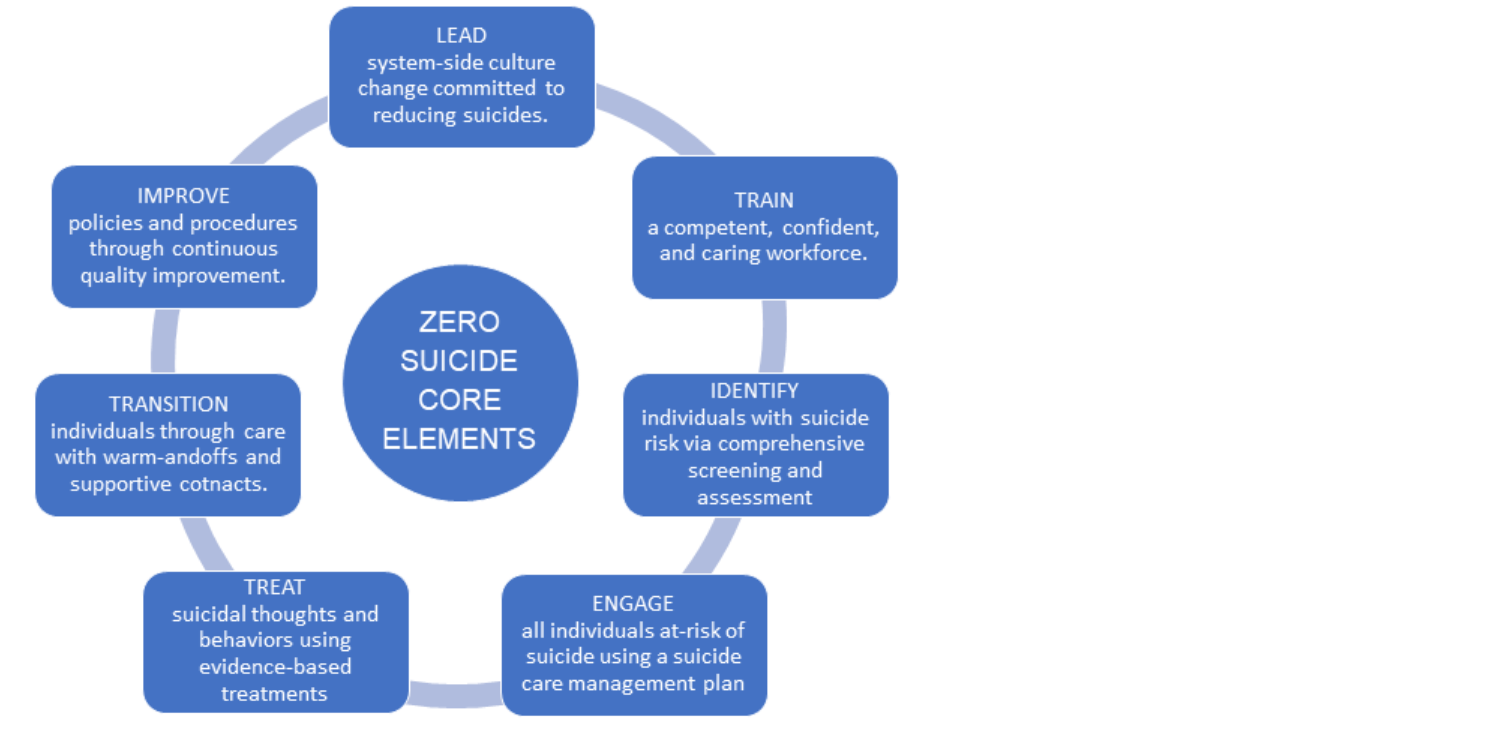 Graphics depicts Zero Suicide Core Elements