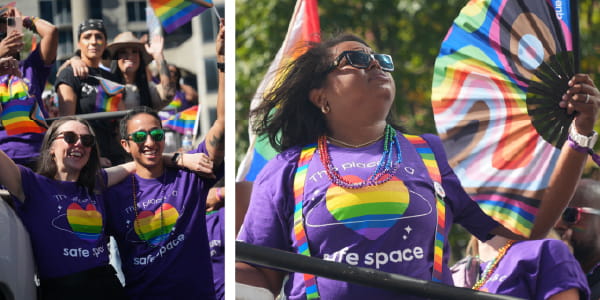 A collage of photos depicting two women smiling and embracing, and a woman fanning herself with a brightly colored fan.