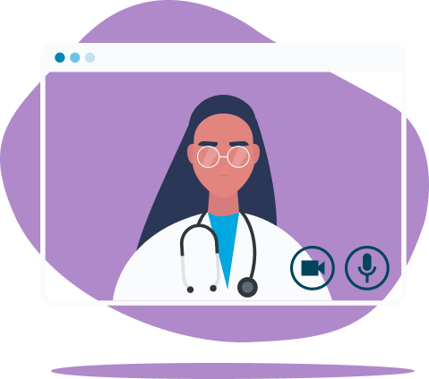 An illustration of a female physician framed within a browser window to represent a video chat virtual doctor's visit.