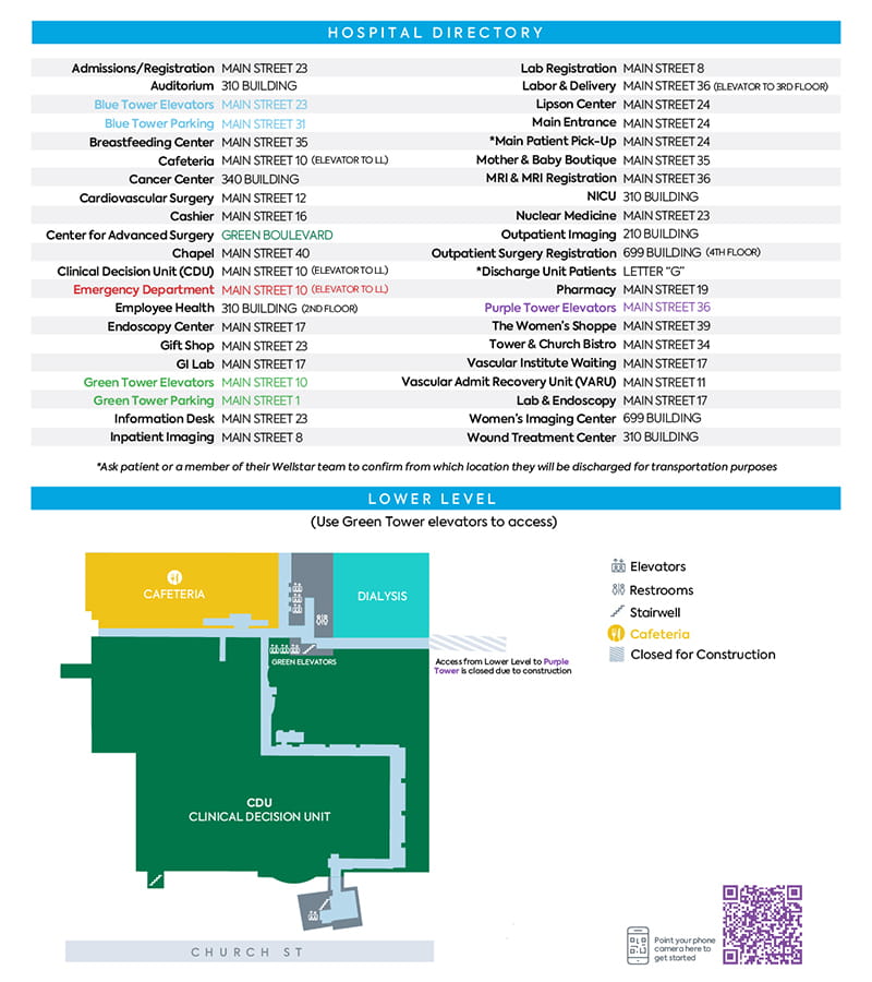 Wellstar Kennestone directory and lower level map