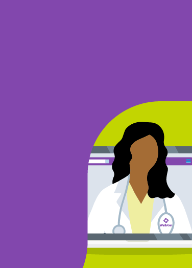 Illustration of a Wellstar physician on a laptop for virtual care.