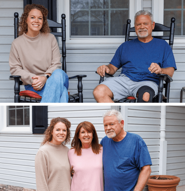 In the first of this grouping of photos, Stephen, a Wellstar Kennestone Level I Trauma Center patient, is pictured with his daughter, Hannah, sitting on rocking chairs on his front porch.  In the second photo, he stands smiling with his wife, Robbin, and his daughter Hannah, in front of their house. 